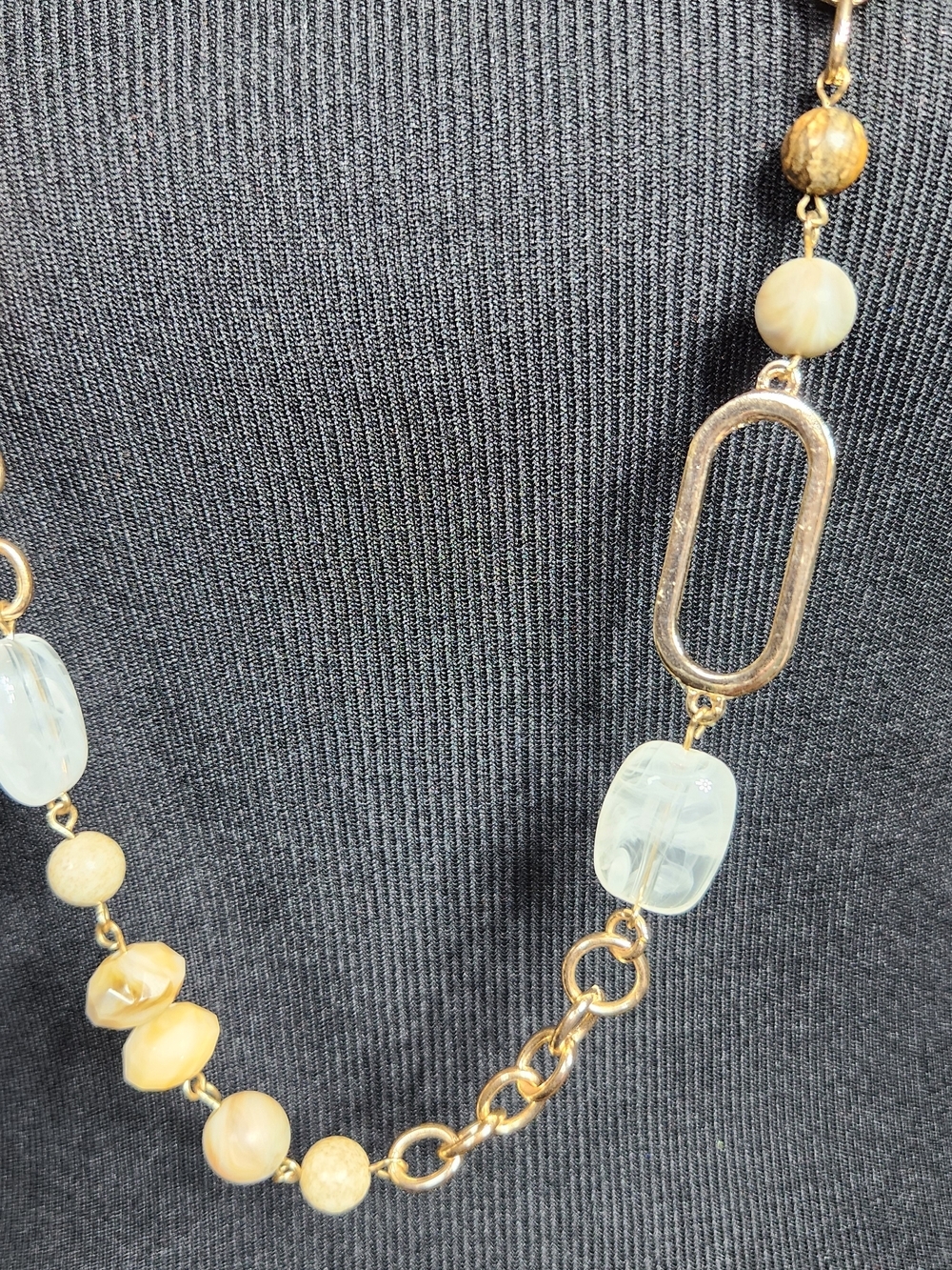 Gold-Tone 36" Long Necklace with Tan Beads and Clear And Hammered Accents - Picture 2 of 7